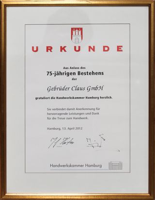 Gebrüder Claus GmbH Turn- und Sportgeräte Wartung in Rellingen über uns 03 Urkunde 75 Jahre
